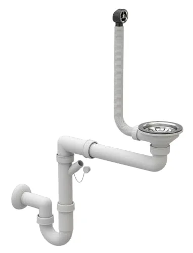 Granitan Platzsparendes Küchenspülen Siphon, Küchenspülenablauf | Set mit Anschluss Geschirrspülmaschine, ø 115 mm/3,5 Zoll, Ablaufgarnitur für 1 Becken, Chrom, Klassisch