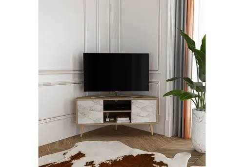 Decorotika TV-Element Eiche Weiß – Stilvolles Lowboard für Ihr Wohnzimmer - Elegantes TV-Element aus Holzwerkstoff, ideal für Fernseher bis 55 Zoll. Mit praktischem Kabelmanagement und schlankem Design fügt es sich perfekt in Ihr Wohnzimmer ein.