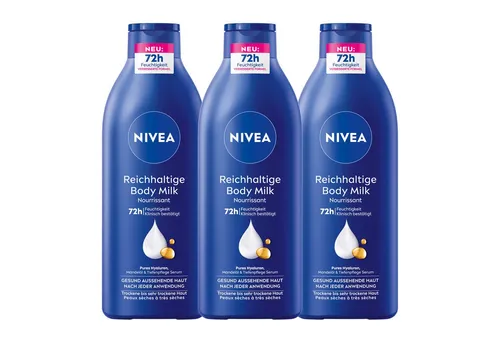 Nivea Bodylotion Reichhaltig 3 x 400ml - Intensive Feuchtigkeit mit Hyaluron und Mandelöl - Körperlotionen, spendet 72h intensive Feuchtigkeit und verwandelt trockene Haut in geschmeidige Haut. Angereichert mit Hyaluron und Mandelöl für sichtbare Pflege.