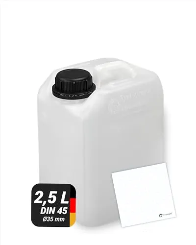 Trevendo Wasserkanister 2,5 Liter (DIN 45, Ø35 mm) - eingeprägte Literskala - Lebensmittelecht - BPA-frei - Ideal für Camping, Reisen und mehr - inkl Beschriftungsetikett