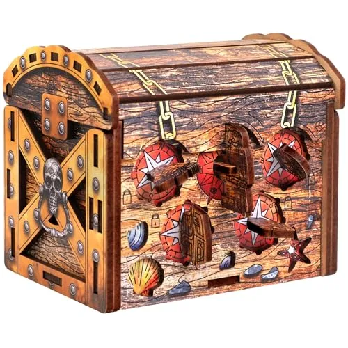 ESC Welt Piraten Schatztruhe - 3D Holzpuzzle mit Geheimverschluss - Puzzleboxen und Geschenkverpackung in einem. Die ESC Welt Piraten Schatztruhe begeistert mit mechanischen Rätseln und viel Platz für Überraschungen.