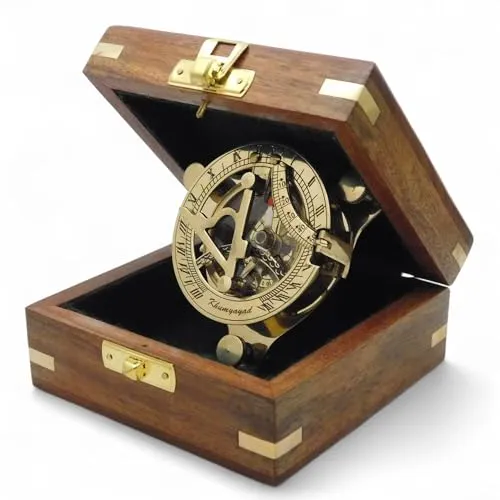 KHUMYAYAD-Messing-Kompass. Eleganter, traditioneller 7,6 cm großer nautischer Sonnenuhr-Kompass aus antikem Messing mit exquisiter Holzbox.