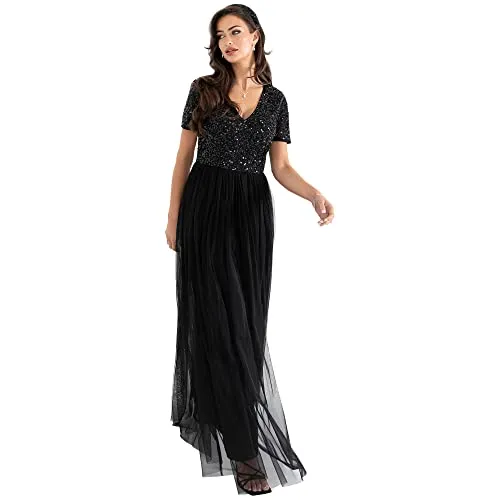 Maya Deluxe Abendkleid mit Pailletten Cocktailkleid Damen mit V-Ausschnitt Tüllkleid Schwarz ,56 EU