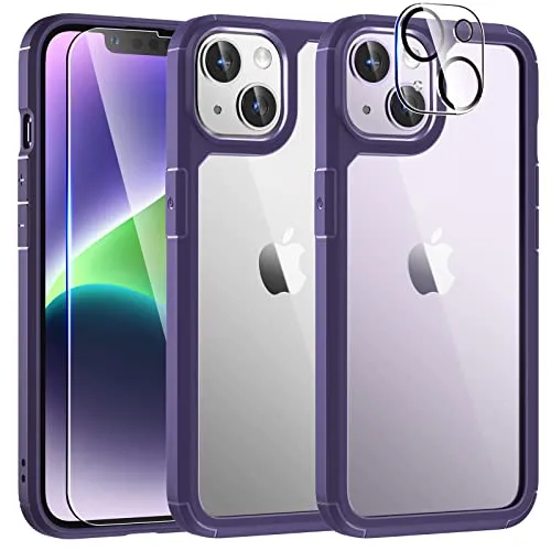 TAURI 3 in 1 für iPhone 14 Hülle, 1 Handyhülle+2 Schutzfolie, [Nie Vergilbung] Handyhülle für iPhone 14 Case Schlanke Stoßfeste Anti-Kratzt - Lila