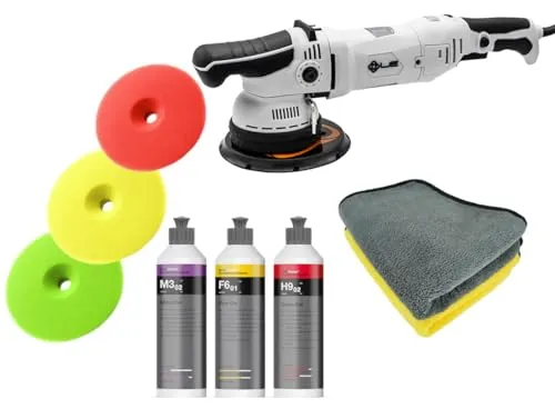 ADVANTUSE Poliermaschinen Set Liquid Elements T5200 - Komplettset mit Polituren und Pads - Poliermaschinen Set für perfekte Ergebnisse: 950 Watt, 150mm Stützteller und Vibrationsarm. Inkl. 3 Polituren und 3 Pads für Heavy Cut bis Finish.
