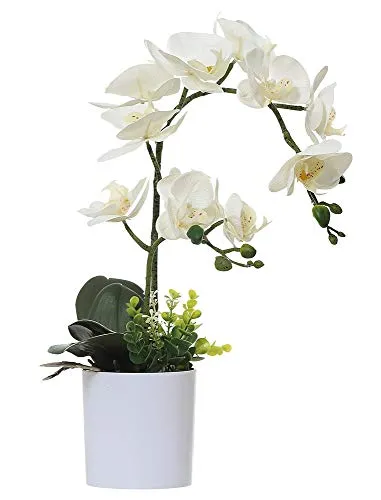 Olrla 43cm Weiß Künstliche Orchideen Blume im Weißen Topf, künstliche Blume Phalaenopsis mit Übertopf für Zuhause, Büro, Hochzeitsdekoration