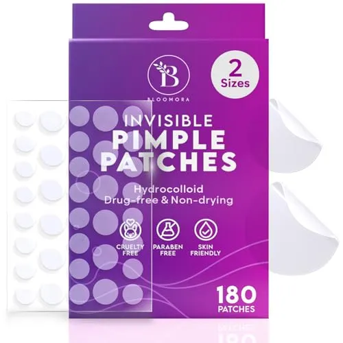 BLOOMORA Unsichtbare Pickel Patch (180 Stück), Anti Pickel Patches, Hydrokolloid Pflaster für Akne, Akne Patch, Pimple Patches für das Gesicht, Pickel Pflaster (Größen S/L)