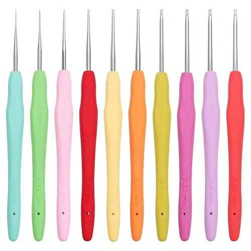 Curtzy Ergonomische Häkelnadel (10 Größen) Häkelnadeln aus Aluminium – Häkelnadel 13cm – Größen 0,5mm bis 2,75mm – Häkelnadel Set Häkelnadel mit Griff aus Weichem Gummi Mehrfarbig zum Häkeln