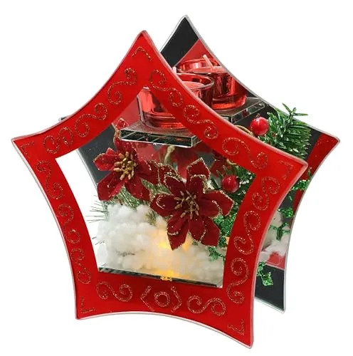 Teelichthalter aus Glas mit LED Licht und Teelichtkerze mit Christstern Beeren Tannenzweige Kunstschnee Weihnachtsdeko Dekoobjekt Tannenbaum Kerzenhalter Lampe Dekoration Geschenk Ornamente 3D Bild