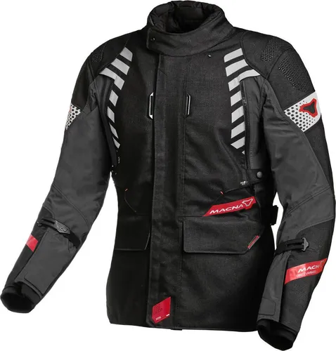 Macna Ultimax Damen Motorradjacke - Wasserdicht und stylisch - Motorradjacke in schwarz-rot mit abnehmbarem Thermofutter und Belüftungseinsätzen, ideal für Komfort und Anpassungsfähigkeit beim Fahren.