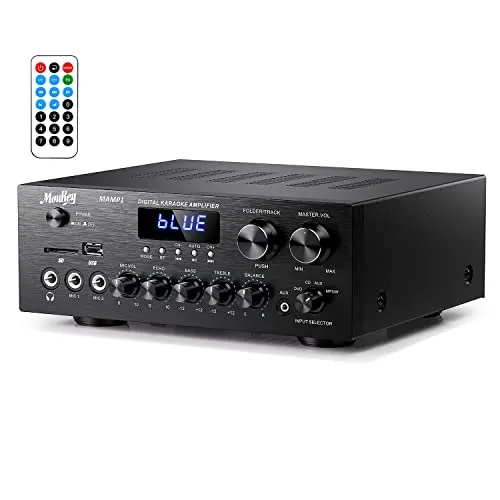 Moukey Bluetooth Leistungsverstärker MAMP1 - Hifi-Verstärker mit 220 Watt Spitzenleistung, ideal für Karaoke und Heimkino. Ausgestattet mit Bluetooth 5.0, 7 Eingängen und einem LED-Display für eine einfache Bedienung.
