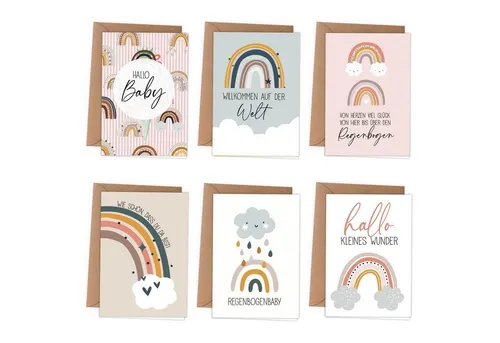 PAPIERDRACHEN Klappkarte 6 Glückwunschkarten zur Geburt - Baby Klappkarten mit Umschlag
