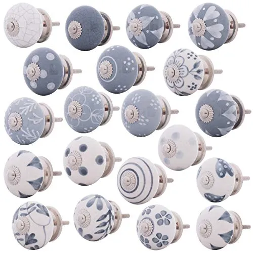 Knober 20 X Stück Set | Weiß und Grau | | Montur aus Edestahl | Möbelknöpfe 40mm Knauf | Türgriff Gewinde metrisch M3 | handbemalt | Set 01