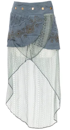 Psytrance Goa Pixi Lagenrock - Wickelrock mit Spitze in blaugrau - Modischer Wickelrock aus 100% Baumwolle, ideal für den Frühling/Sommer. Mit einzigartigem Blockdruck und fairer Herkunft aus Indien. Perfekt für einen alternativen Look!