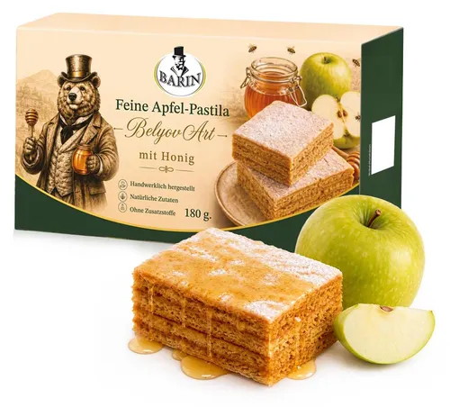 BARIN Apfel-Pastila mit Honig nach Belyov Art, 180g Traditionelle Fruchtsüßspeise aus 98% gebackenem Apfelpüree & natürlichem Honig, zu Tee & Kaffee