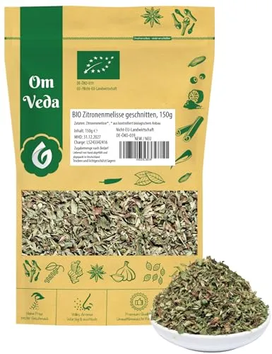 BIO Zitronenmelisse Blätter 150g | Geschnitten und Getrocknet | Melissa officinalis Kräutertee | Ideal für Teemischungen, Suppen, Saucen, Dips & Gemüse | EU-Bio Zertifiziert | OmVeda