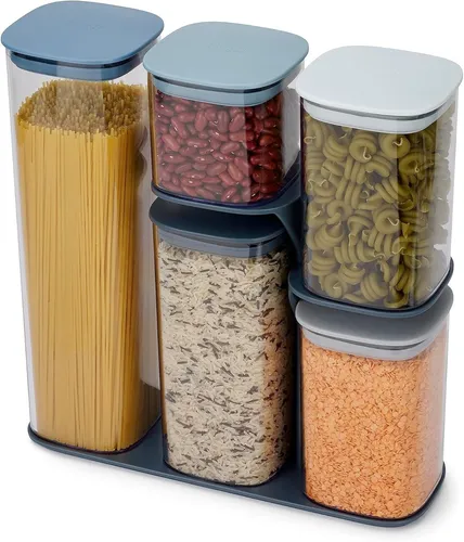 Joseph Joseph - 5-teiliges Vorratsdosen-Set mit funktionalem Ständer - Vorratsdosen-Sets mit hermetischen Silikondichtungen für optimale Frische. Das praktische Ständersystem sorgt für einfachen Zugriff auf alle Gläser.