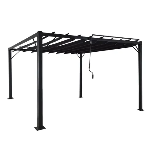 Mendler Pergola HWC-L40 – 3x3m Lamellen-Pavillon - Pavillon mit drehbarem Lamellendach für regulierbaren Schatten, stabiler 8cm-Alu-Rahmen und abnehmbare Dachlamellen aus Polyester für Langlebigkeit und Wetterbeständigkeit.