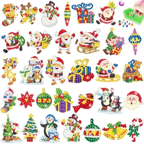 Viicoor 32 Stück Weihnachts Diamond Painting Sticker Set, Diamant-Kunst-Mosaik-Aufkleber nach Zahlen, Bastelset für Kinder, Kreatives Handgefertigtes Kunsthandwerk Geschenk