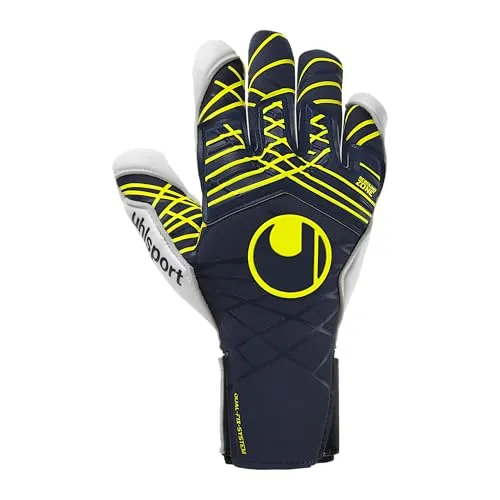 uhlsport Fußball Torwarthandschuhe Prediction Absolutgrip Skin Cut, Marine/weiß/Fluo gelb, 12 - Torwarthandschuhe mit patentiertem ABSOLUTGRIP für besten Grip bei jedem Wetter und innovativem DUAL FIX SYSTEM für optimale Handgelenksfixierung.