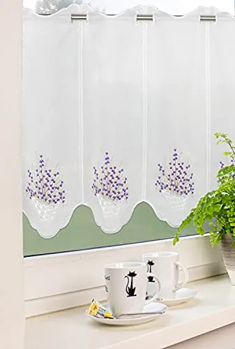 Experience by Omega Scheibengardine Lavendel nach Maß Bistrogardine Küchengardine Meterware Lani Batist Weiß Lila 45 cm Höhe 16,13€/m