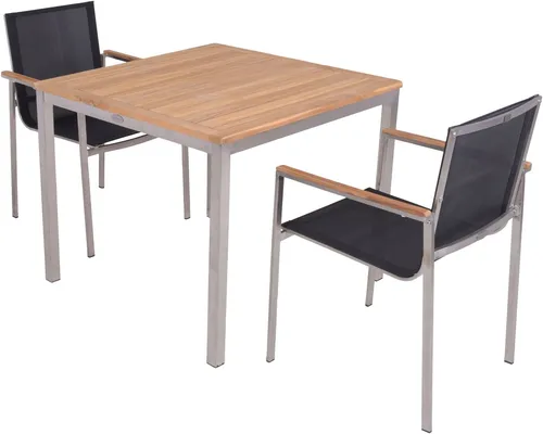 Tischgruppe DENVER Set 12, 3-tlg. - Hochwertige Gartenmöbel - Gartenmöbel-Sets mit langlebigem Teakholz und modernem Edelstahlgestell. Ideal für stilvolle Outdoor-Erlebnisse, wetterbeständig und platzsparend durch stapelbare Stühle.