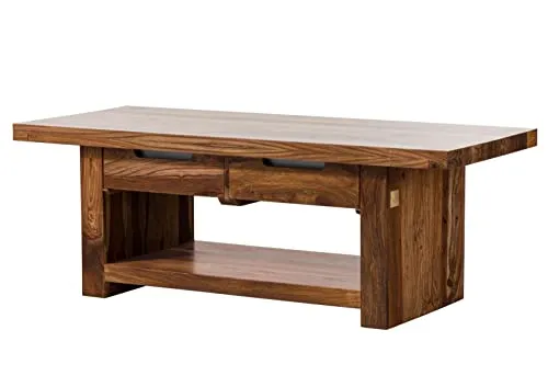 MASSIVMOEBEL24.DE | Duke Couchtisch aus Massivholz #121 - Walnuss, lackiert | aus Sheesham-Holz | rechteckig | 60x140x50 cm | mit Ablagefach, 2 Schubladen | Kaffeetisch Beistelltisch Sofatisch