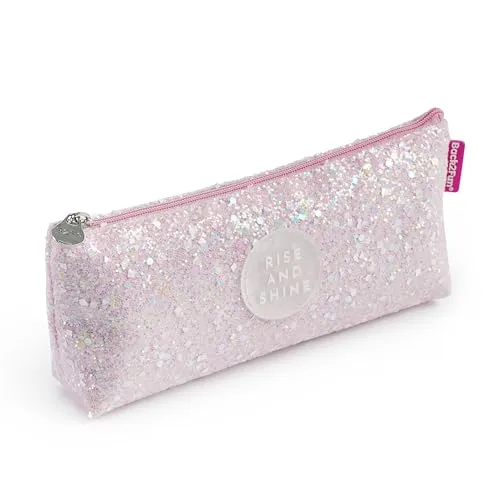 Back2Fun - Dreieckiges Glitzer-Federmäppchen, Einzelfach-Etui, Größe 200 x 80 x 35 mm, Glitzer-Federmäppchen, Metall-Zipper, Reißverschluss, Hübsche Papeterie, Rosa