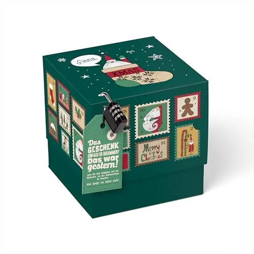 SURPRISA Geschenkbox für Weihnachten, Rätselbox Geldgeschenke Verpackung mit weihnachtlichen Briefmarken, Nostalgie-Design, Größe M (16cm)