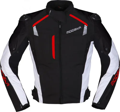 Modeka Herren Motorrad Jacke Lineos Gr. M - Wasserdichte Textiljacke in Schwarz-Weiß-Rot - Motorradjacke für Herren, atmungsaktiv und wasserdicht mit herausnehmbaren Protektoren. Ideal für Pendeln und Motorrollerfahrten.