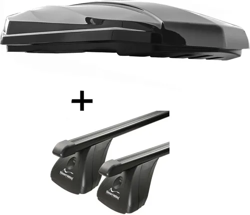 DACHBOX STRIKE 440 Liter schwarz hochglanz + Dachträger VDP Stahl kompatibel mit Bmw Serie 3 GT 5 Türer ab 2013