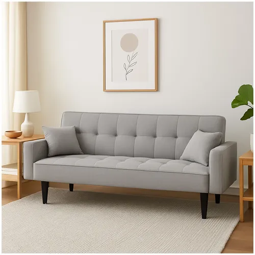 Modernes Schlafsofa 3-Sitzer Grau mit Schlaffunktion - Stylisches Klappsofa für das Wohnzimmer, inklusive 2 Zierkissen und platzsparender Schlaffunktion für Gäste. Belastbar bis 350 kg.