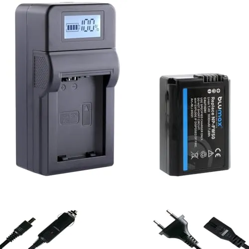 Blumax Akku für Sony NP-FW50 + Speed Charger - Kamera-Akkus mit 1030mAh Kapazität und schnellem Ladegerät für effizientes Aufladen, kompatibel mit Sony Alpha und Cyber-shot Modellen.