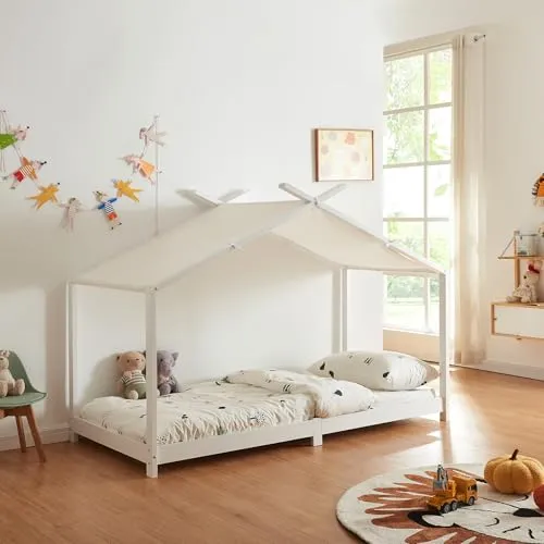 [en.casa] Kinderbett Brome Hausbett 90 x 200 cm - Bettenhaus aus massivem Kiefernholz mit abnehmbarem Stoffdach – ideal für märchenhafte Nächte und fantasievolle Abenteuer!