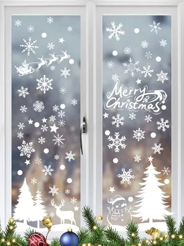 Stück Fenterbilder Weihnachten Selbstklebend, Weiß Fensterdeko Schneeflocken Weihnachtsdeko Wiederverwendbar, Statisch PVC Fensteruafkleber mit Weihnachtlichen Motiven für Fenster Vitrine Türen 230