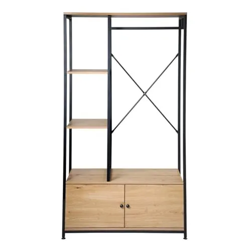 CALICOSY - Garderobenständer & Stauraum 2 Türen - Holzdekor - Melaminbeschichtete Spanplatten - Metallstruktur - Für Schlafzimmer, Ankleidezimmer oder Flur - Industrial Design - B 90 x T 40 x H 167 cm