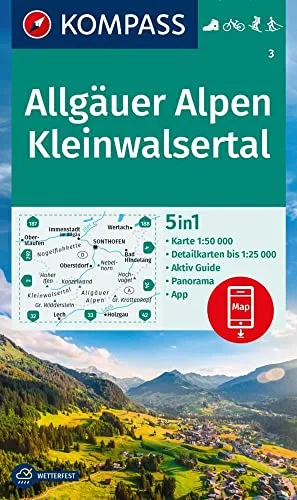 Produktbild KOMPASS Wanderkarte 3 Allgäuer Alpen, Kleinwalsertal 1:50.000: 4in1 Wanderkarte mit Aktiv Guide und 1:25000 Karten, inklusive Kartenbereich zur ... in der KOMPASS-App. Fahrradfahren. Skitouren.