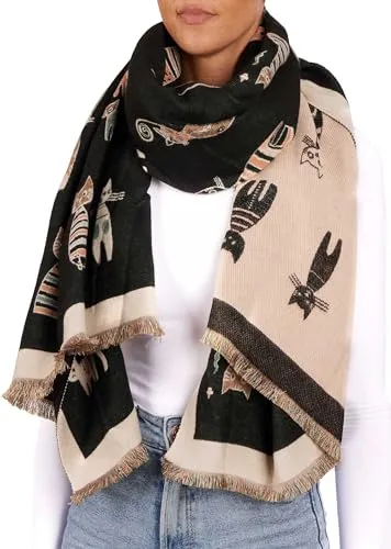 BRUBAKER Cashmirillo Damen Schal mit Katzen Muster in schwarz von BRUBAKER