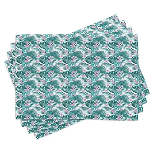 ABAKUHAUS Tropisch Platzmatten, Jungle Coconut Monstera, Waschbare Stoff Esszimmer Küche Tischdekorations Digitaldruck, Dunkle Teal und lila