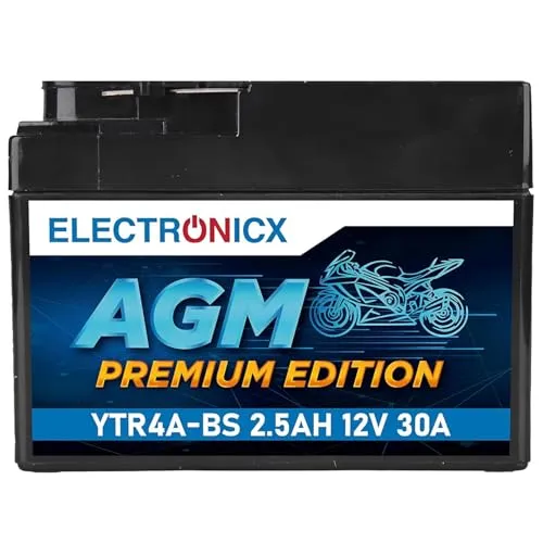 Electronicx, AGM, Motorradbatterie YTR4A-BS 12V 2,5Ah 30A Starterbatterie - wartungsfrei, versiegelt, kompakt und auslaufsicher - Ideal für Roller, Quad, Mofa, ATV und Motorrad - AGM-Technologie