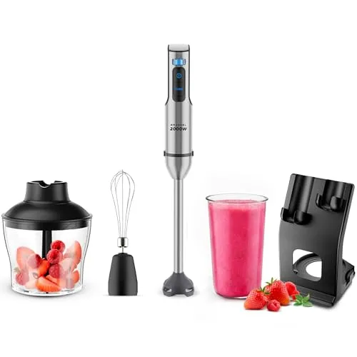 Grunkel Leistungsstarker Stabmixer mit 2000 W Edelstahl, Becher und Zubehör-Set mit Stab, Zerkleinerer und Ständer, Metallspitze und Silikonbasis, silberfarben