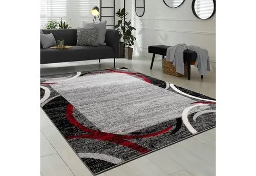 Paco Home Wohnzimmer Teppich Bordüre Kurzflor Meliert Modern - Teppich in Grau/Schwarz/Rot, 80x150 cm, pflegeleicht und schmutzresistent, ideal für moderne Wohnräume und Fußbodenheizung geeignet.