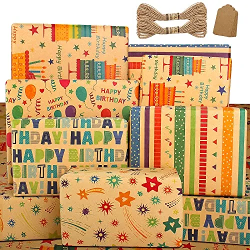 Geschenkpapier Geburtstag, Öko Kraft Geschenk Papier zum Männer Frauen Mädchen Junge,Natur Geburtstagspapier mit Braun and Bunte Gemischtes Muster,Geburtstag Geschenkpapier Kinder Set zum Geschenk