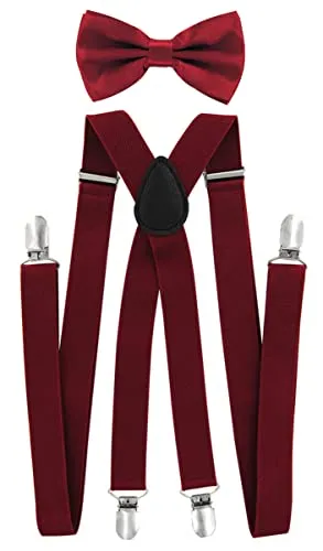 axy Herren Hosenträger mit Fliege - 4 Starken Clips X-Form (Weinrot (Hosenträger Breit 2,5cm))