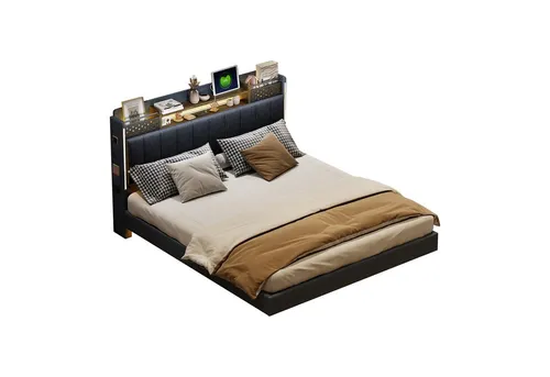 OKWISH Polsterbett Stauraumbett Gästebett Doppelbett (Multifunktionales Kopfteil mit USB-Steckdose, Kopfteil für Ablage und Stauraum mit Handytasche), Schwebebett Jugendbett Erwachsenenbett, Leinenstoff