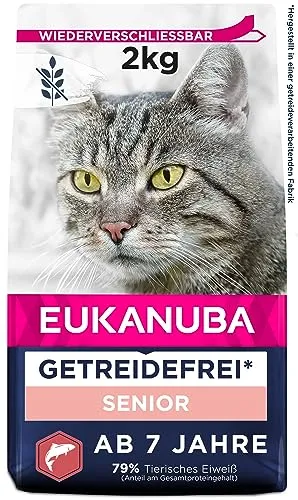 Eukanuba Senior Katzenfutter trocken getreidefrei - 2kg Premiumfutter mit viel Lachs, unterstützt Vitalität und gesunde Gewichtsregulation für ältere Katzen
