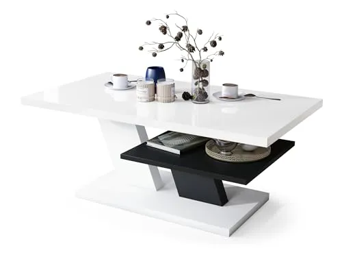 All4All Couchtisch Conte - Kaffeetisch - Wohnzimmertisch – Sofatisch mit Ablage - kompakte Größe - Sofatisch - 110x60cm - 05 - weiß Hochglanz + schwarz