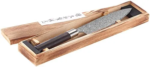 TokioKitchenWare Küchenmesser Damast: Handgefertigtes Marken-Damast-Chefmesser mit 19-cm-Klinge (Kuechenmesser, Messer mit Echtholzgriff, Santoku)