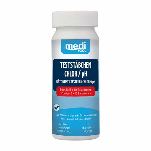 mediPOOL Teststäbchen Chlor/pH/Algenschutz 50 Stück Teststreifen, Teststrips