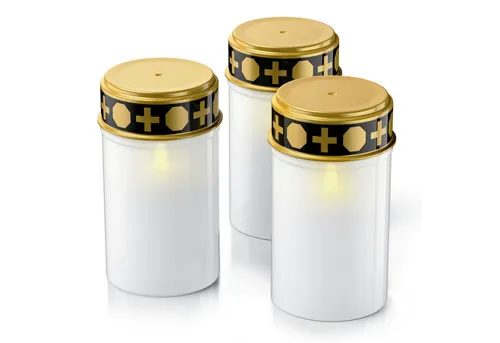 BEARWARE Grabkerze LED Grablicht, Batteriebetrieb, Friedhofskerze, wassergeschützt, IP44 (Spar-Set, 3-tlg), wetterfest, realistischer Flackereffekt, wiederverwendbar, Grablaterne